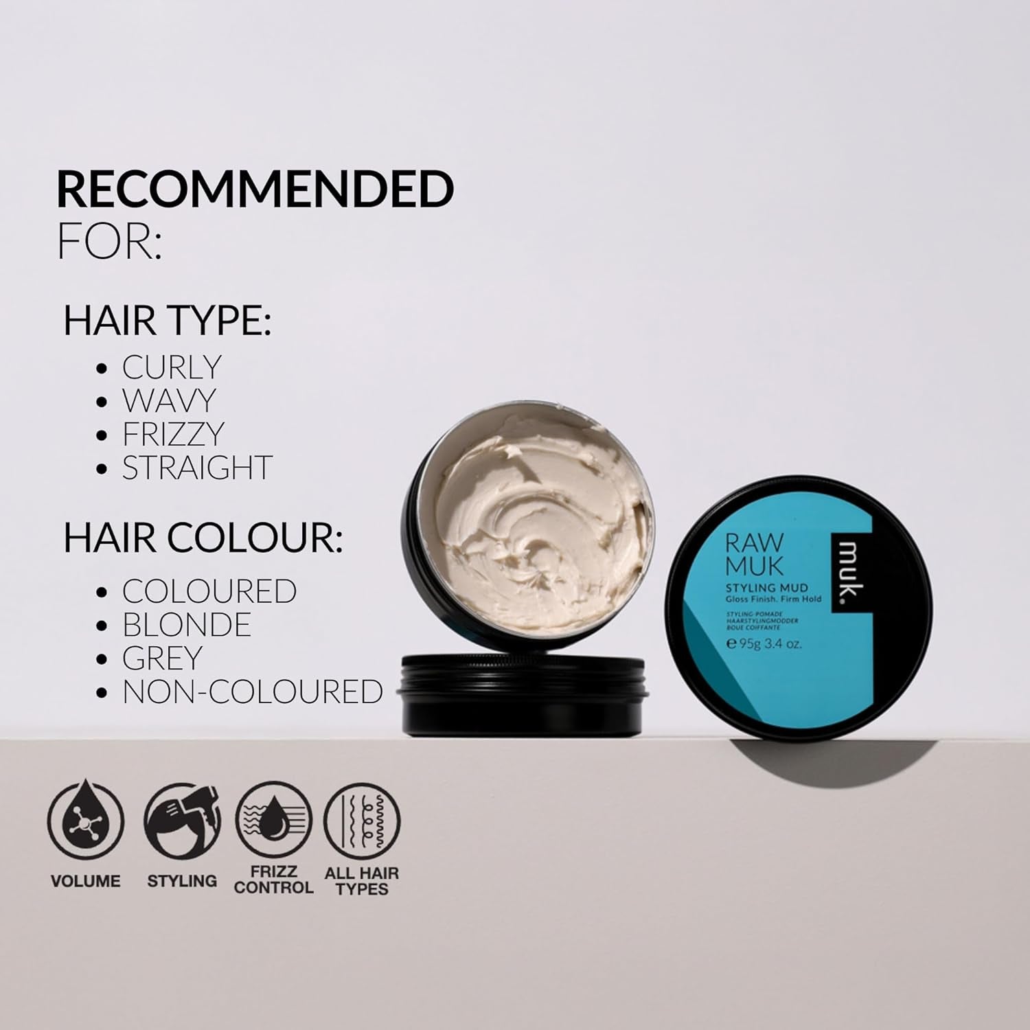 MUK. Raw Muk Hair Styling Mud - Firm Hold Clay Texture for Defined, Humidity Resistant, Flake-Free Hair Mud with Enhanced Shine. Suitable for Fine to Coarse Hair, 95G